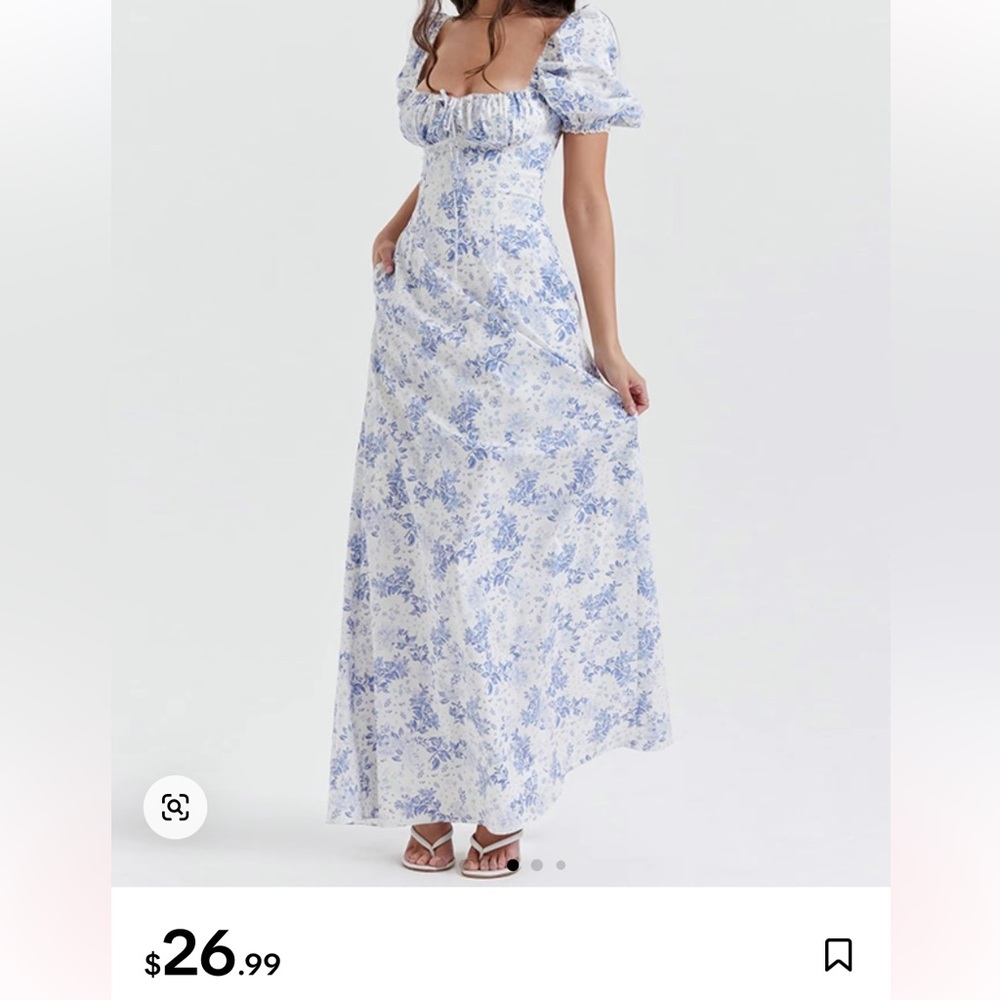 Blue and White Puff Sleeve Maxi Sundress